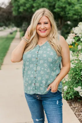 Sealed With A Kiss Floral Button Tank Top- Dusty Jade