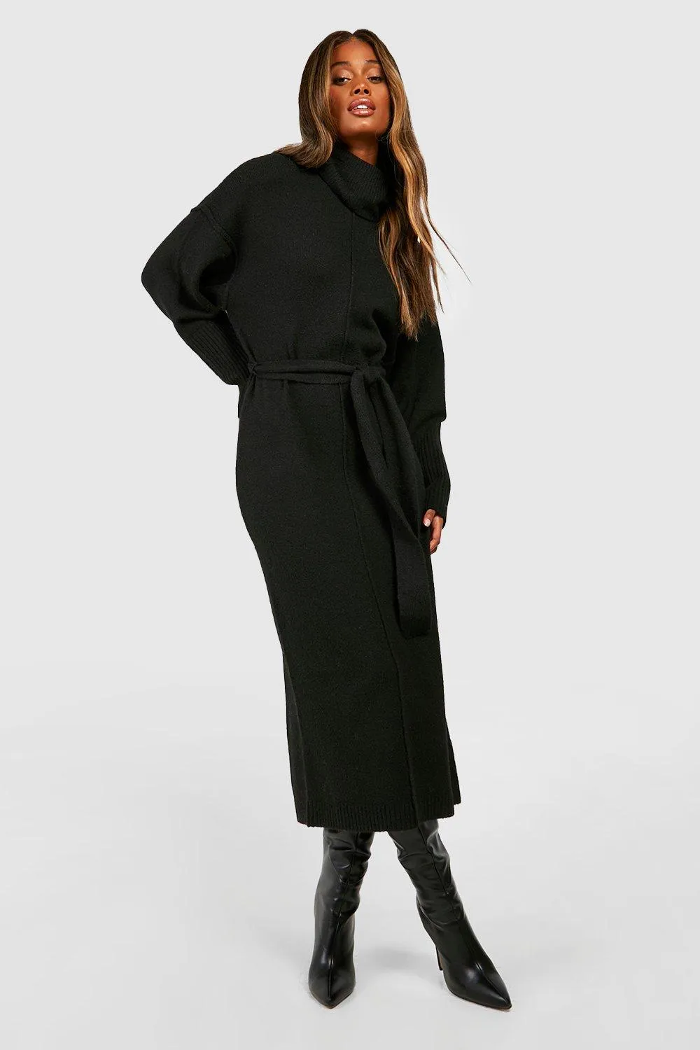 Seam Detail Belted Turtleneck Soft Knit Midi Sweater Dress