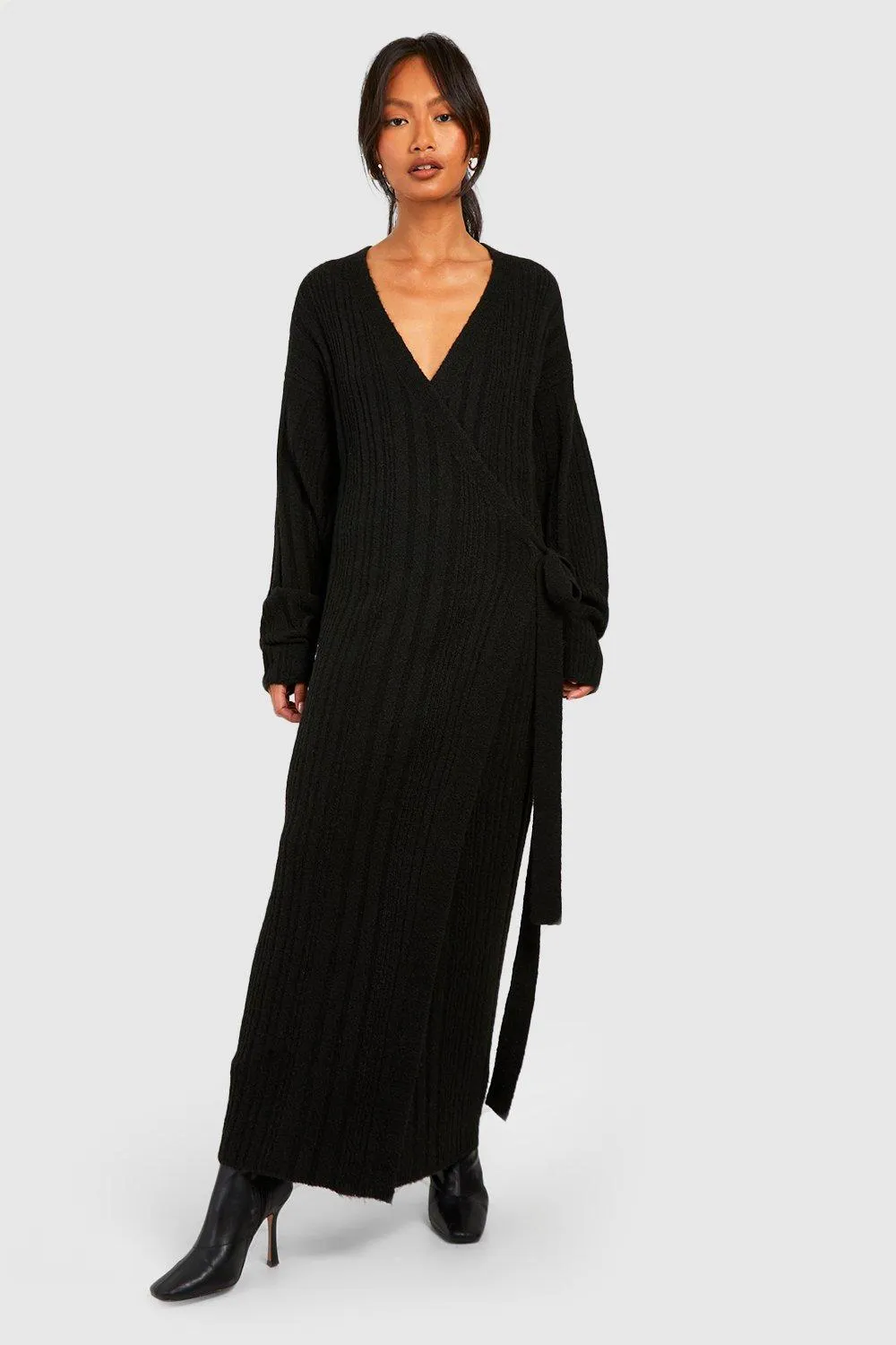 Soft Mixed Rib Knit Belted Maxi Sweater Dress