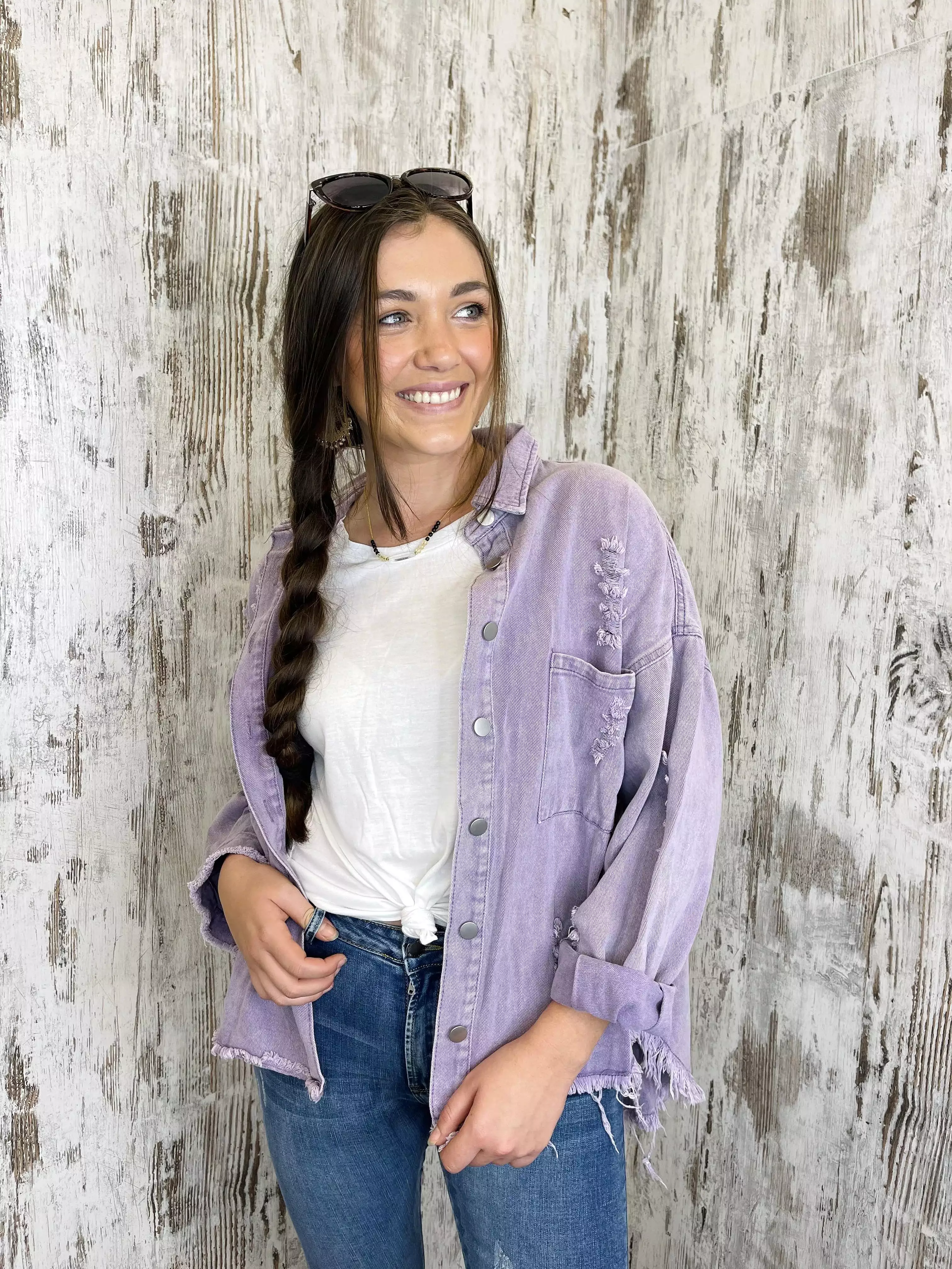 Spirit Distressed Denim Jacket - Lilac