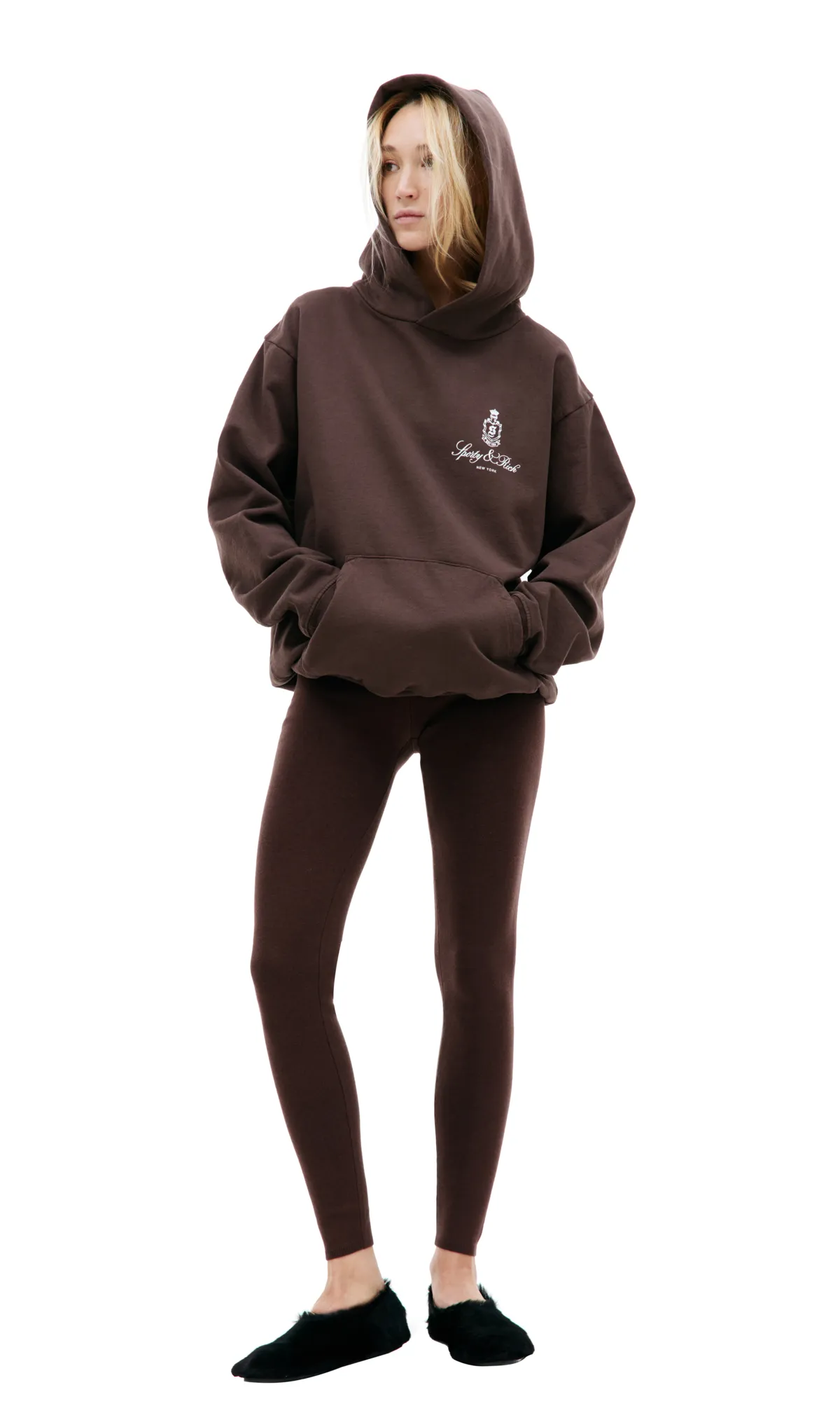 SPORTY + RICH Serif Logo Ribbed Legging - Chocolate