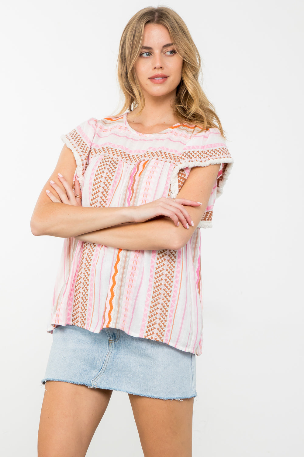 Striped Pattern Flutter Sleeve Top