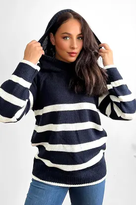 Stripy Knit High Neck Hoodie Jumper