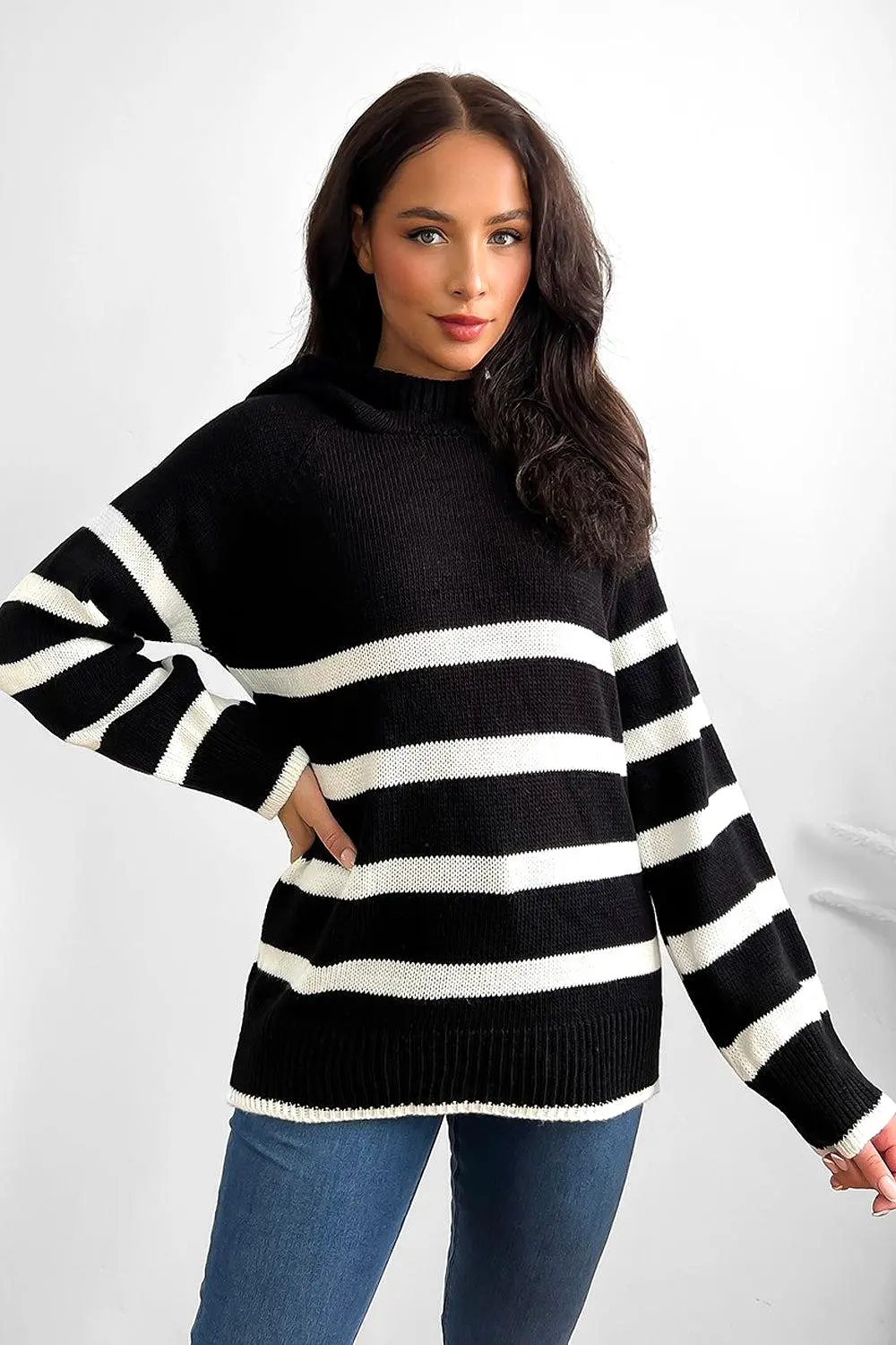 Stripy Knit High Neck Hoodie Jumper