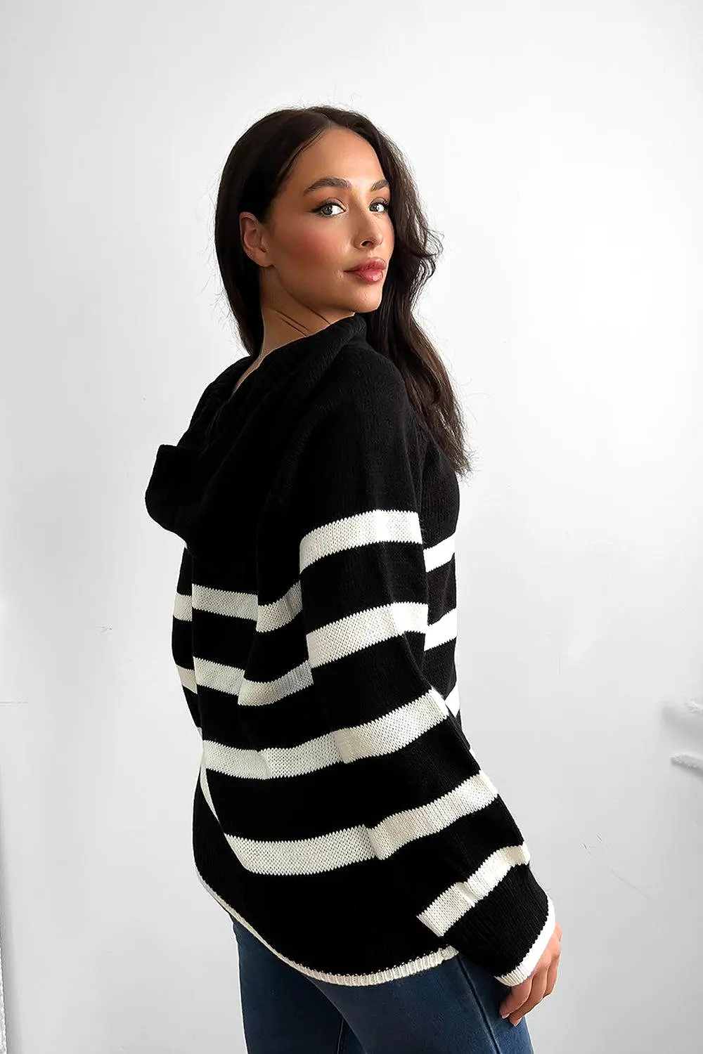 Stripy Knit High Neck Hoodie Jumper