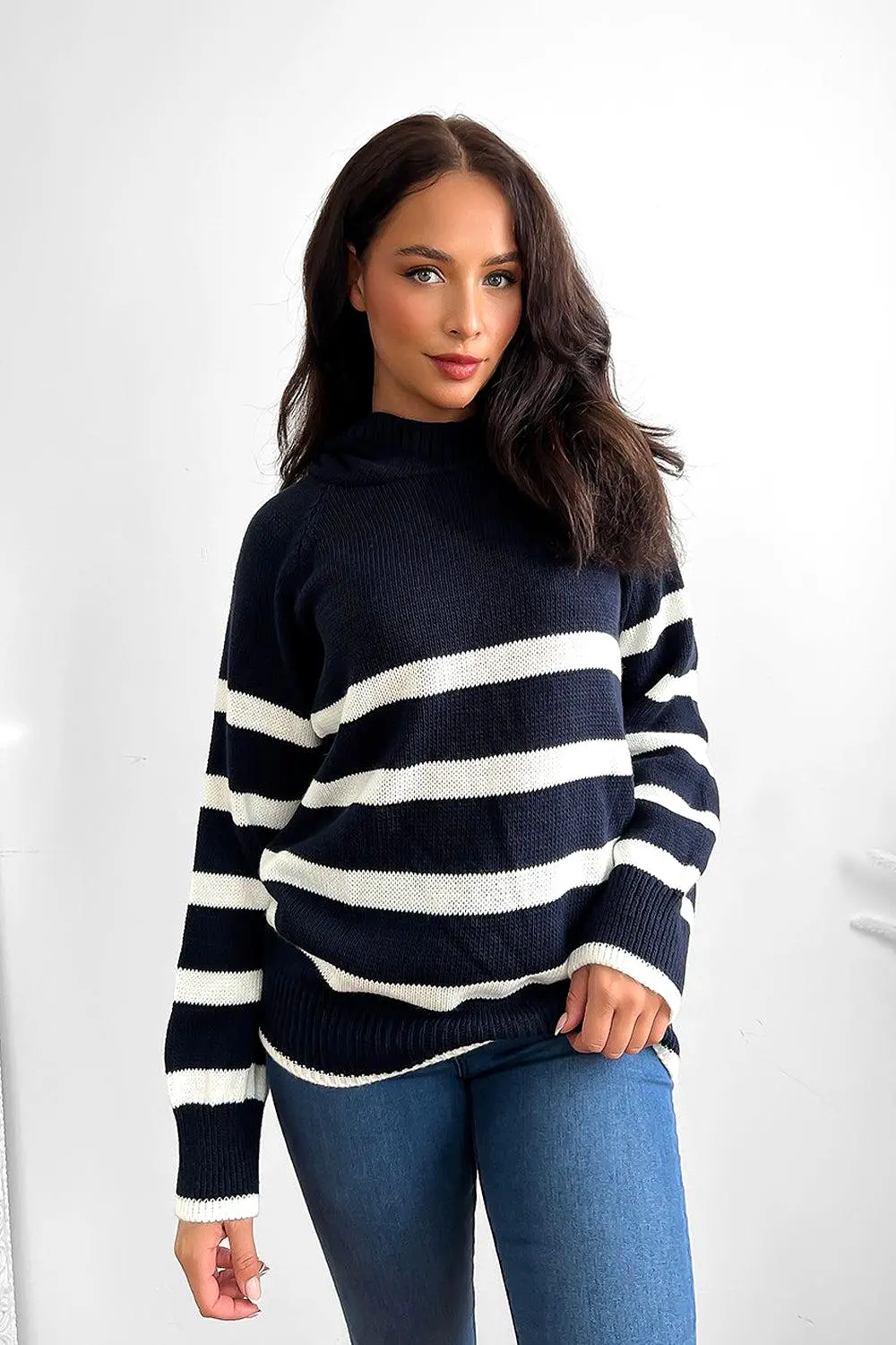 Stripy Knit High Neck Hoodie Jumper