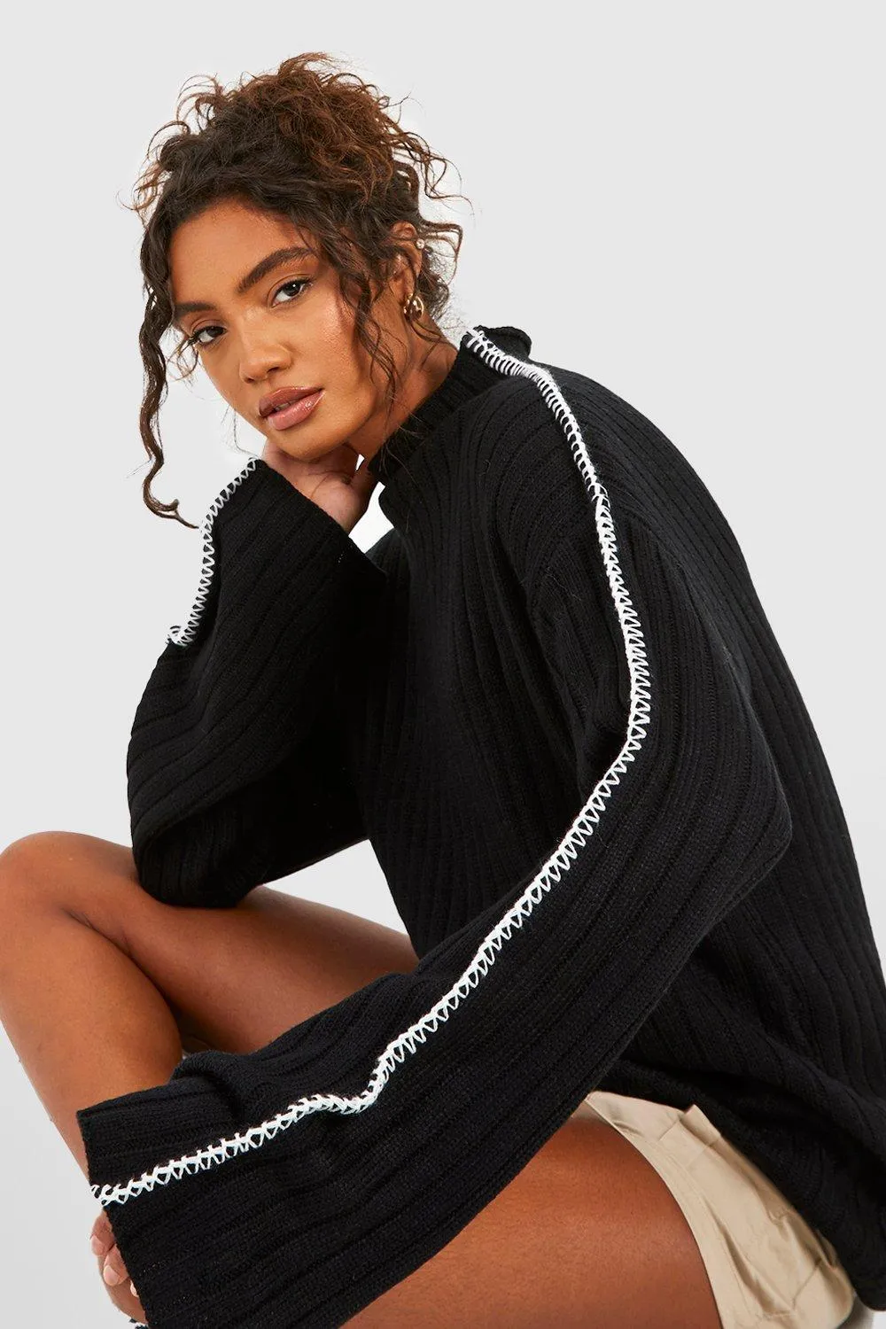 Tall Whipstitch Funnel Neck Rib Knitted Sweater