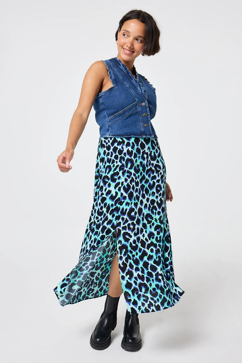 Turquoise with Black and Blue Shadow Leopard Split Front Skirt