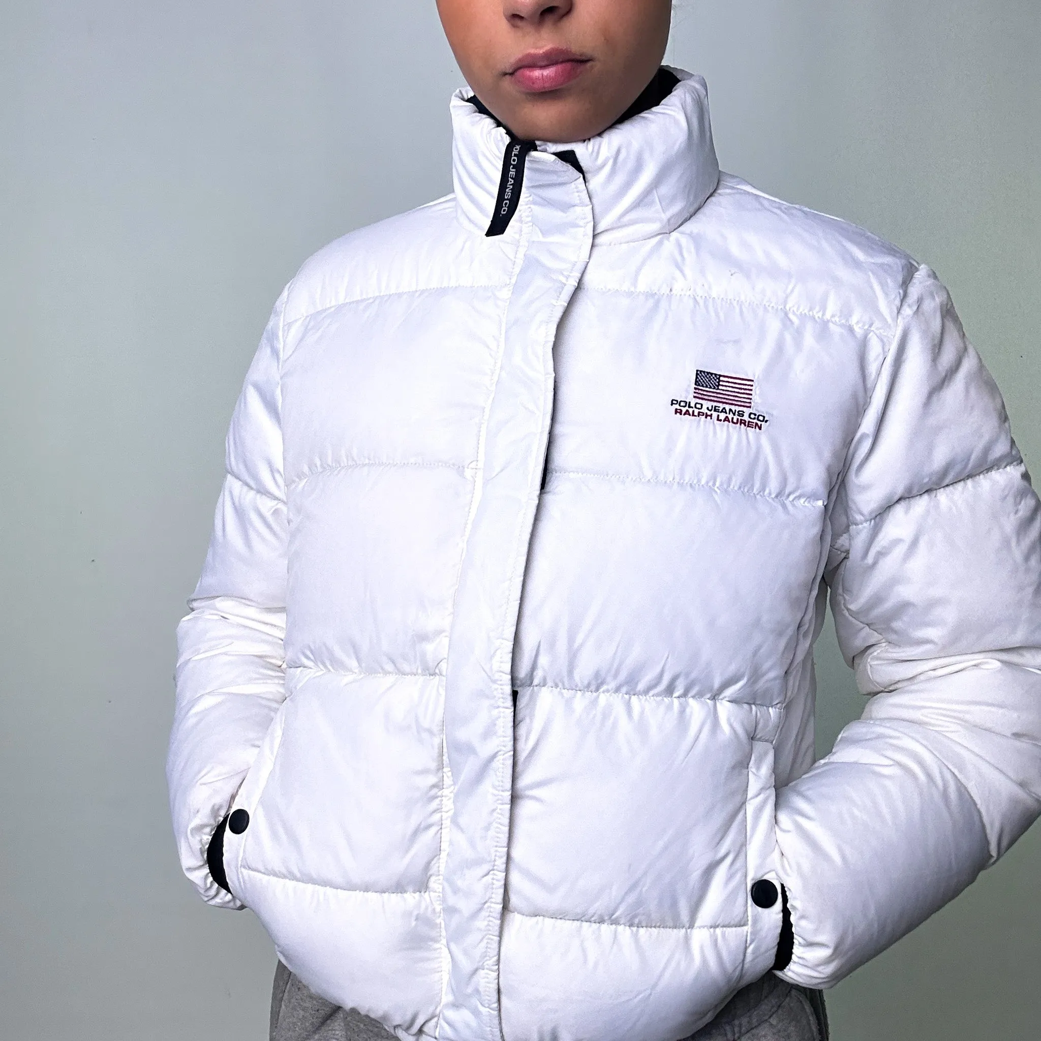 White 90s Polo Jeans Ralph Lauren Puffer Jacket Coat (M)