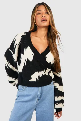 Wide Animal Stripe Soft Knit Wrap Sweater