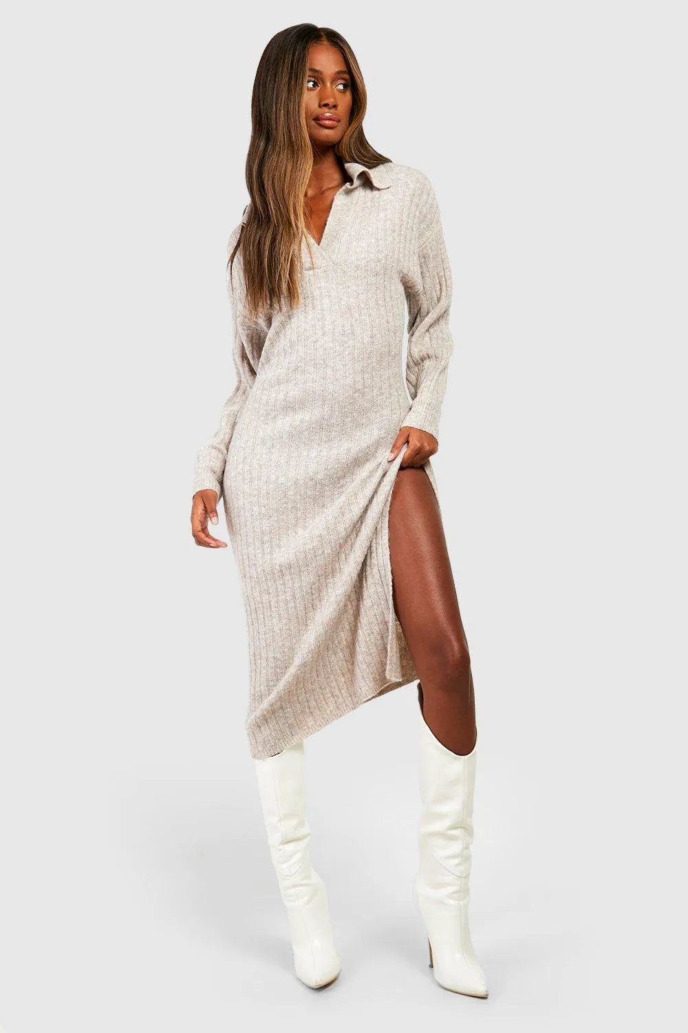 Wide Rib Knit Collared Soft Sweater Dress