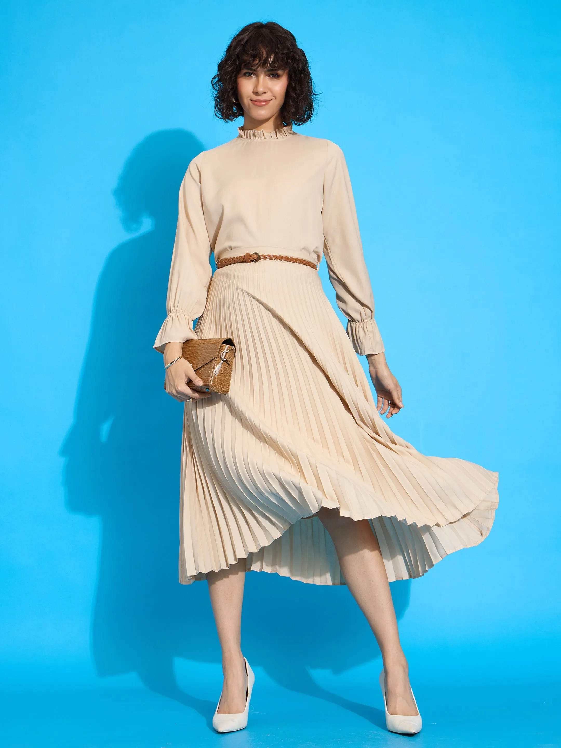 Women Beige Ruffled Neck Blouse With Pleated Skirt