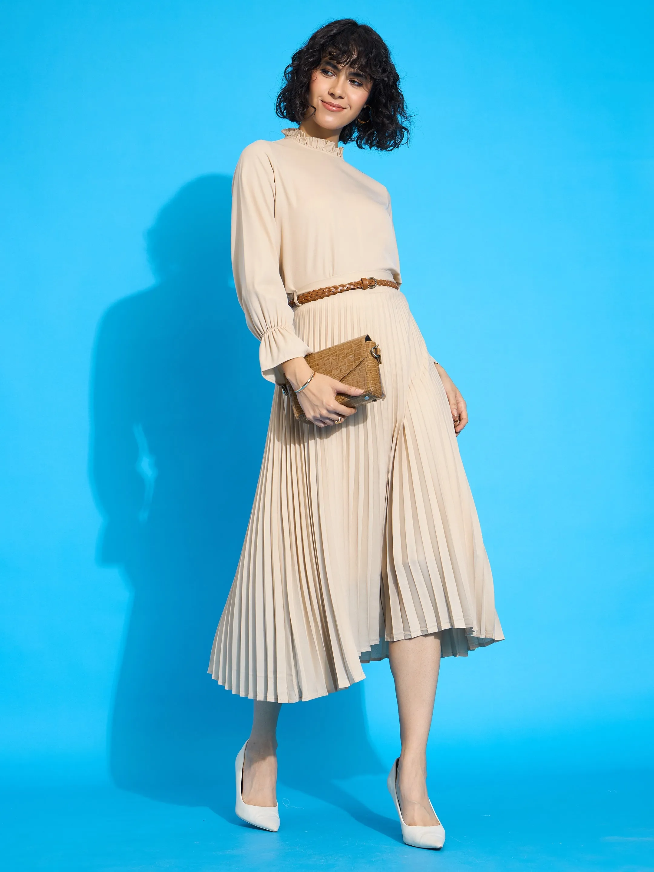 Women Beige Ruffled Neck Blouse With Pleated Skirt