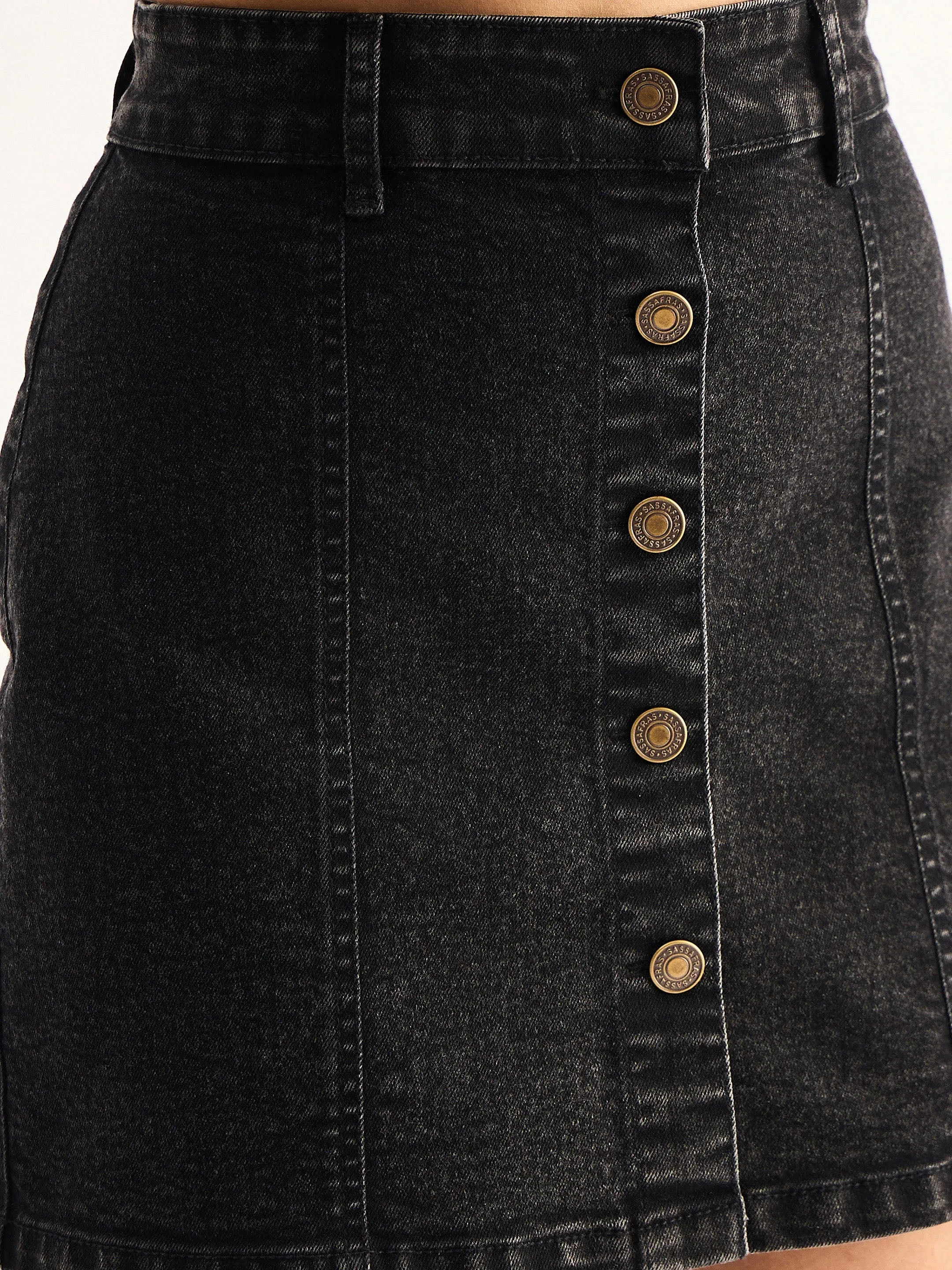 Women Black Denim Front Button A-Line Mini Skirt