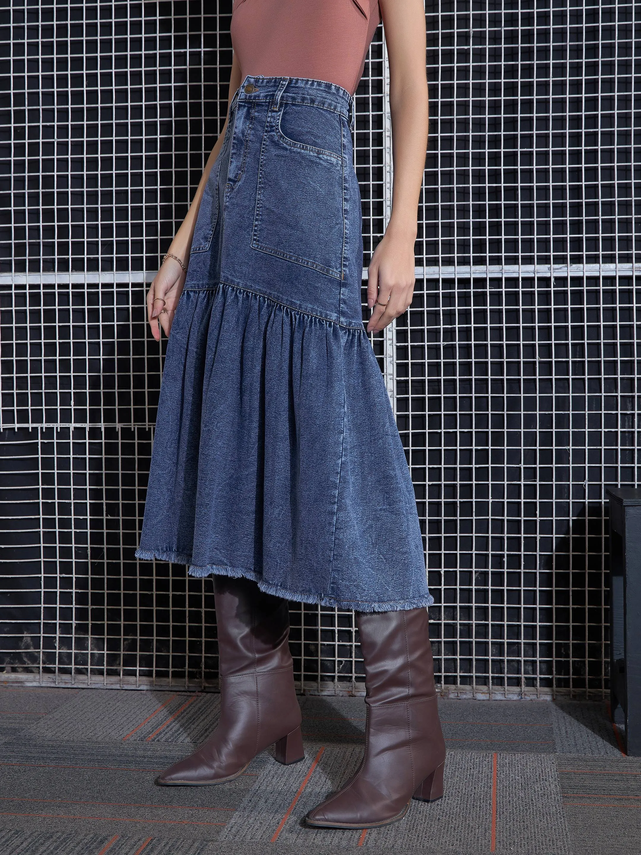 Women Blue Blast Denim Flared Midi Skirt