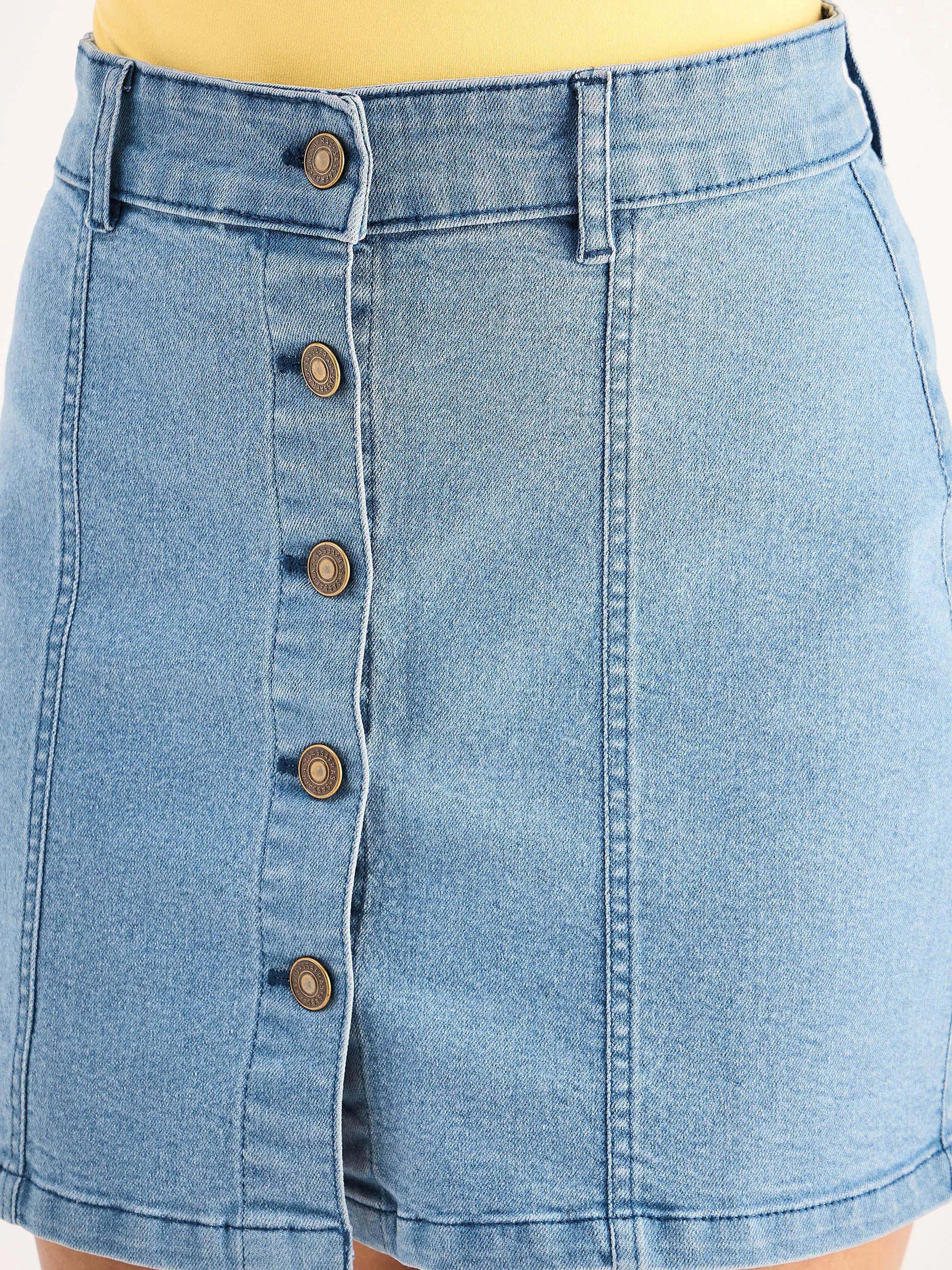 Women Blue Denim Front Button A-Line Mini Skirt