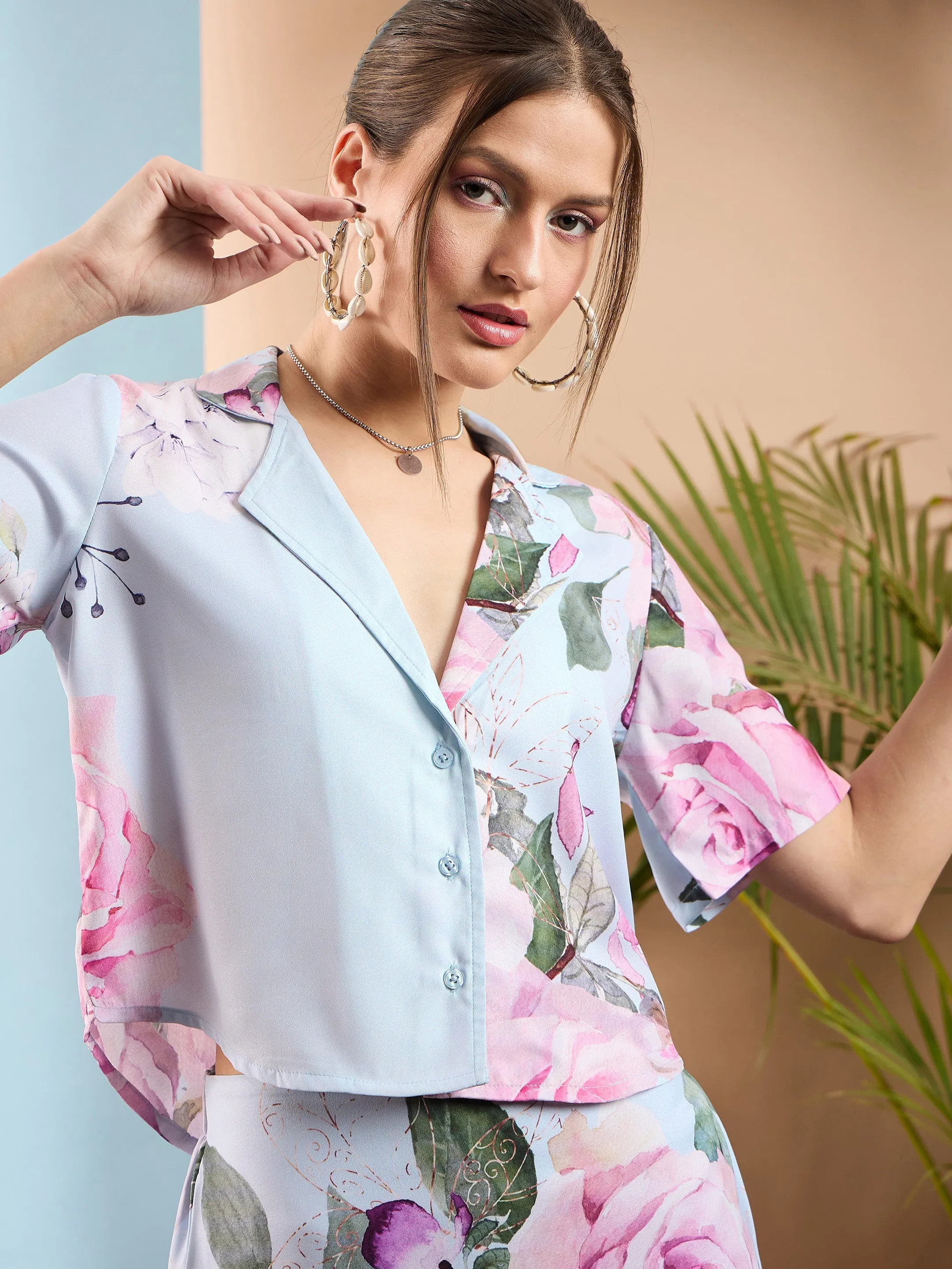 Women Light Blue Floral Crop Shirt With Mini Skirt