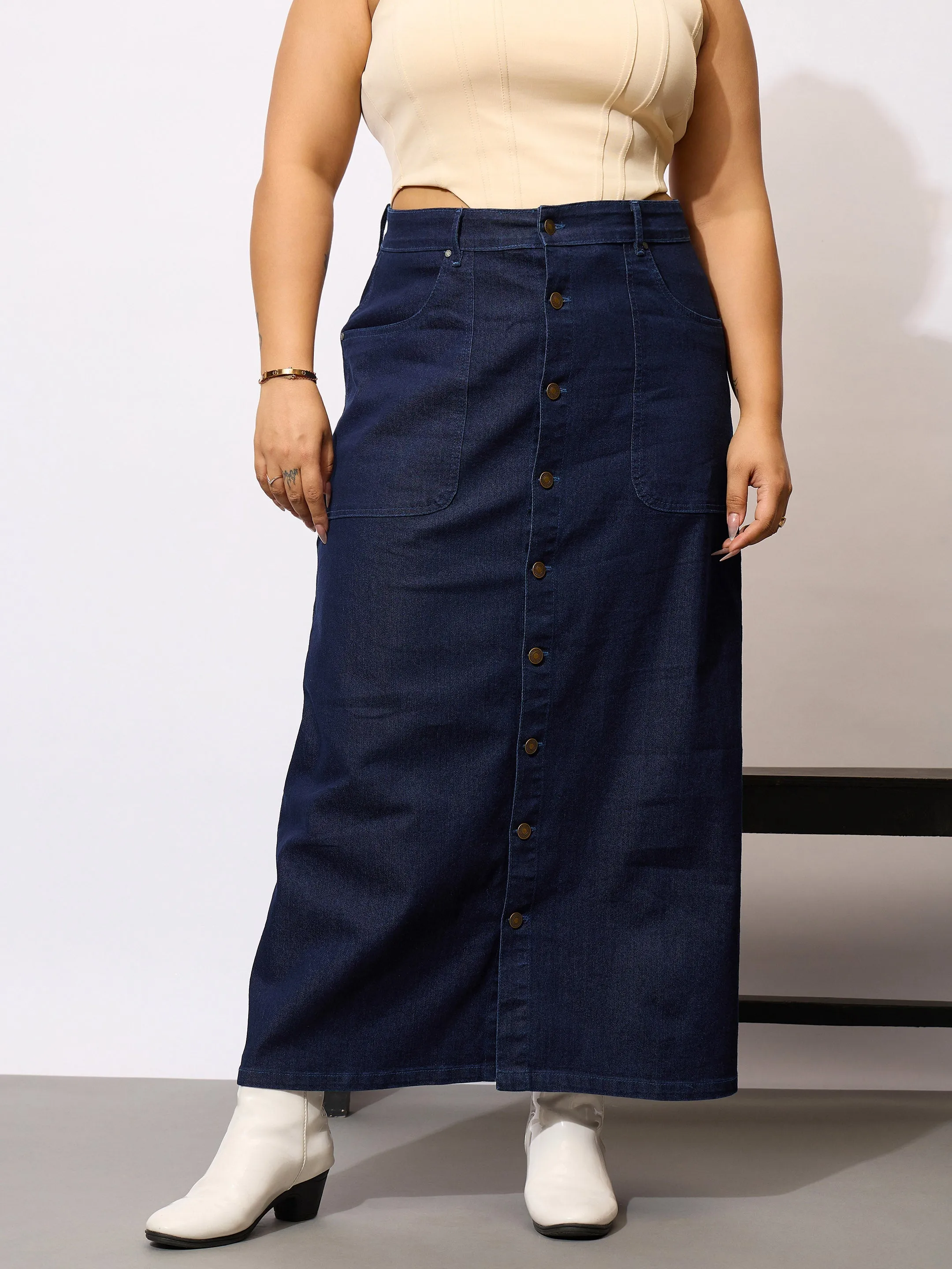 Women Navy Denim Acid Wash Front Button Skirt