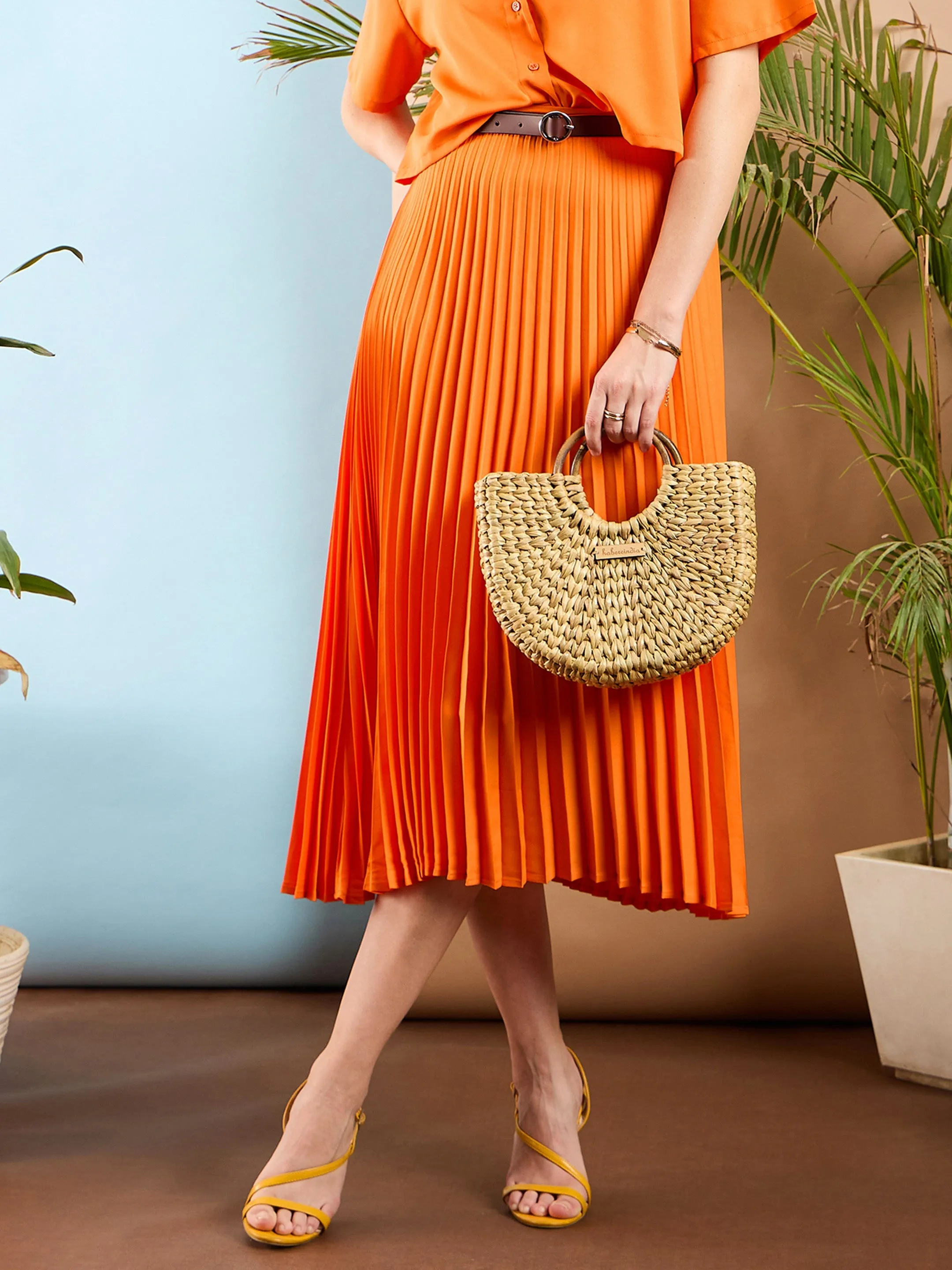 Women Orange Accordion Pleated Midi Skirt