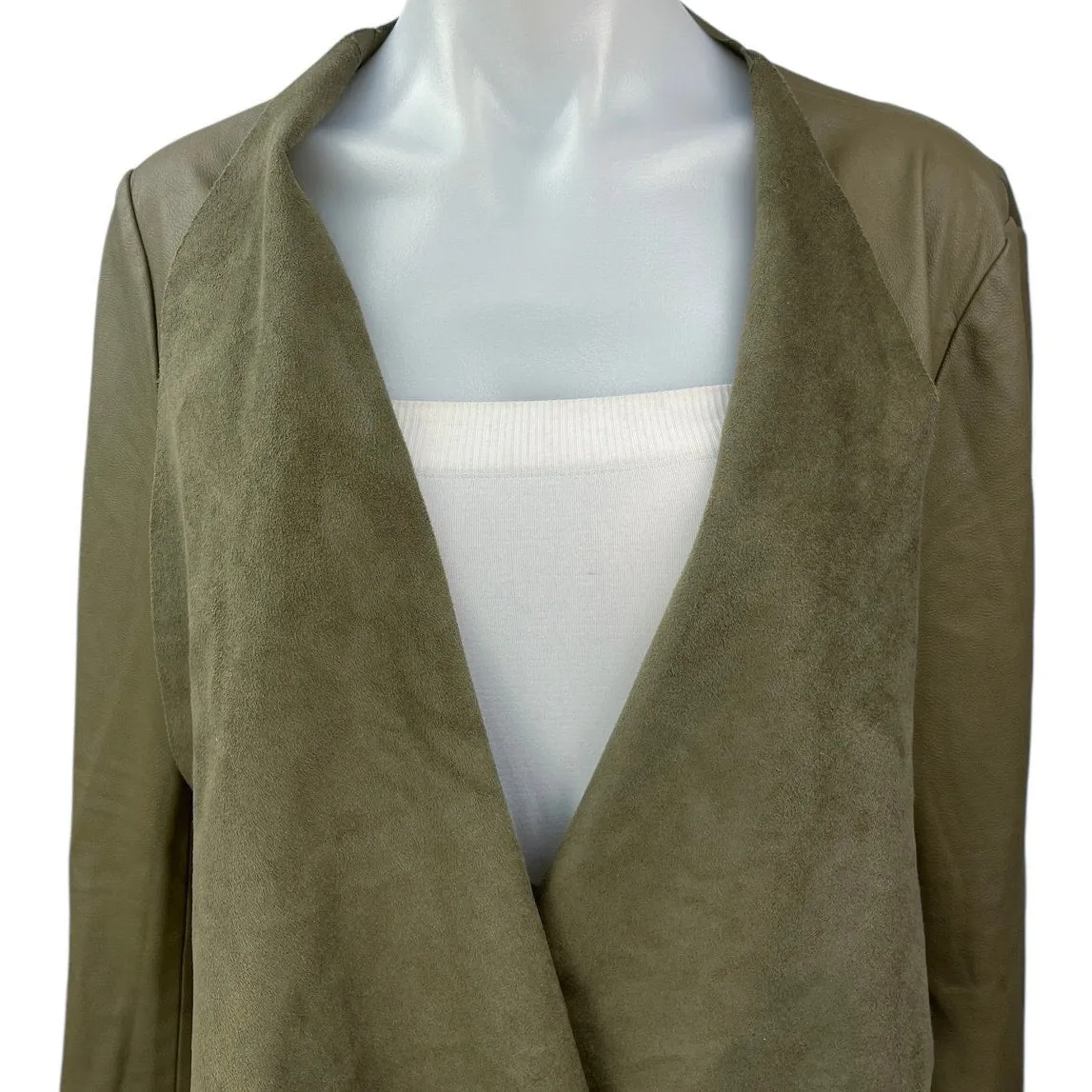 Zara Basic Olive Green Faux Leather Suede Vegan Drape Biker Coat Jacket Size L